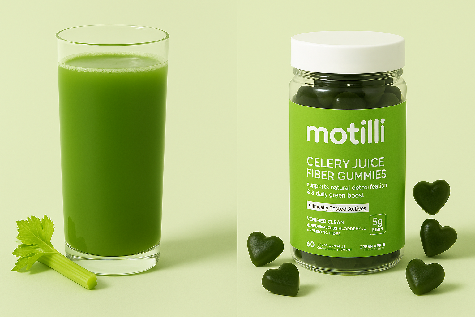 Split-screen — fresh celery juice with heart-shaped celery-green gummies scattered around